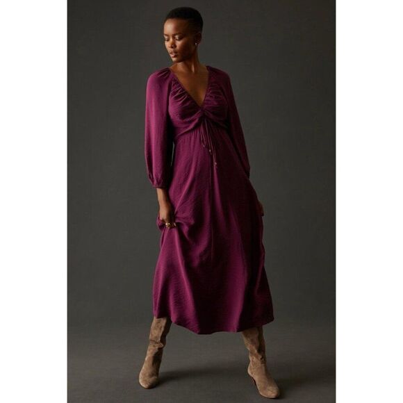 Anthropologie Dresses & Skirts - NWT ANTHROPOLOGIE Sz 10 DEEP-V RUCHED MIDI DRESS RASPBERRY